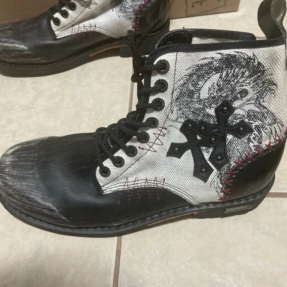 AFFLICTION Combat Biker Distressed Lace Leather/Canvas Dragon Shoes Size 11 US - Picture 2 of 11